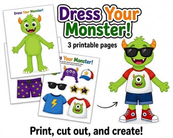 Kleed je monster aan - Printbare activiteit voor kinderen | Knip- en plakmonster knutselwerk | Mix en match outfit spel