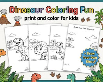 Afdrukbare dinosauruskleurplaten voor kinderen | Makkelijk kleurboek voor peuters | Schattige dino kleurplaten