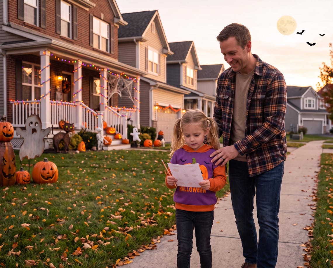 Peut inclure: Un enfant portant un sweat à capuche violet et orange avec un motif de citrouille et le mot HALLOWEEN imprimé sur le devant, marchant sur un trottoir à côté d'un adulte en chemise à carreaux, devant une maison décorée avec des citrouilles.