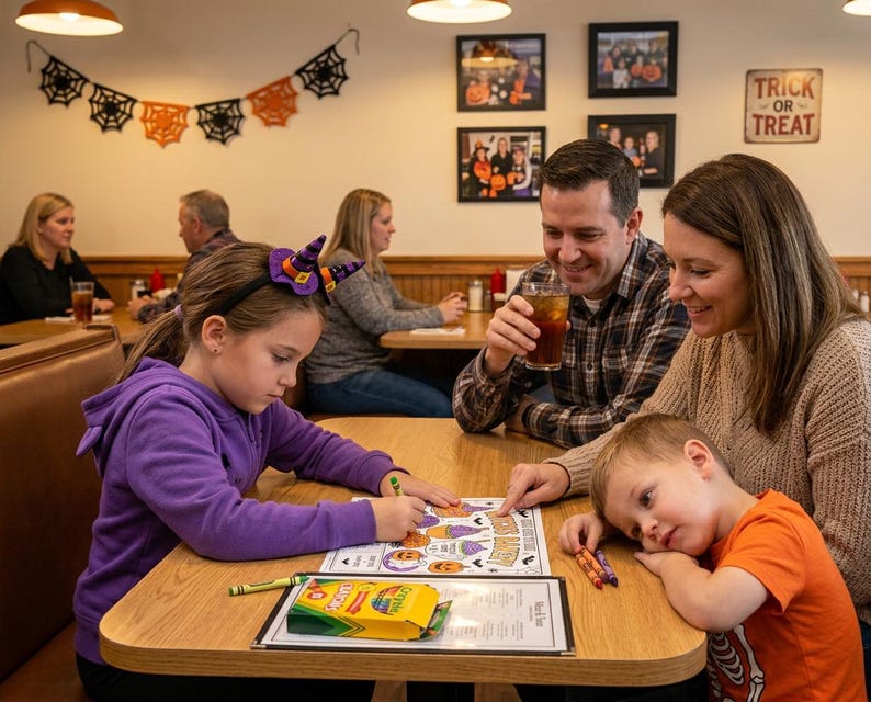 Peut inclure: Une famille est assise à une table en bois dans un restaurant décoré pour Halloween. Un enfant en sweat à capuche violet colorie sur un set de table en papier avec des crayons, tandis qu'un autre enfant en t-shirt orange regarde.