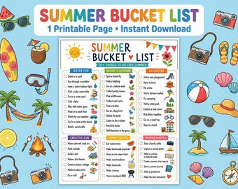 Zomerbucketlist afdrukbaar voor kinderen | 50+ schermvrije zomeractiviteiten | Checklist zomervakantie voor het hele gezin | Pdf direct downloaden