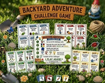 Printbaar spel met uitdagingen voor in de achtertuin | Buitenactiviteitenkaarten voor kinderen | 24 uitdagingen voor in de achtertuin | Zomerspel voor kinderen, direct te downloaden