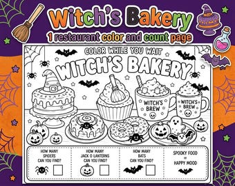 Página para colorear de restaurante de Halloween para niños / Panadería de brujas: colorea y cuenta (imprimible) / Actividad para fiesta de Halloween / Descarga digital