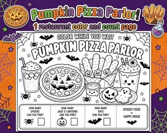Página para colorear de restaurante de Halloween / Actividad de colorear y contar pizza para niños / Imprimible para fiesta de Halloween / Descarga digital