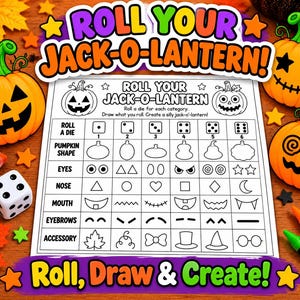 May include: A Roll Your Jack-O-Lantern game sheet featuring a grid with six columns and seven rows of black and white icons for drawing pumpkin faces, accompanied by a white six-sided die and colorful crayons on a wooden surface.