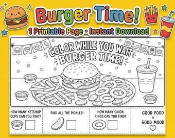Kleurplaat Burger Restaurant | Restaurantactiviteit voor kinderen | Afdrukbare placemat | Direct downloaden