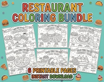 Bundel kleurplaten met restaurantthema voor kinderen | Printbare activiteitenbladen met etensthema (digitale download)