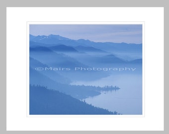 Blues Mist Fog Layers Mountains Lake Trees, Cottage Decor, Original Photograph, Fine Art Photography signed matted 8x10 print