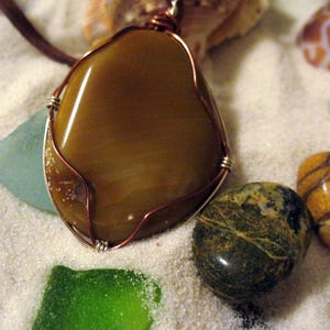 OOAK Caramel Cream Taffy Beach Rock Brown Yellow Jasper Chalcedony Copper & Sterling Silver Wire-Wrapped Pendant Quartz Agate Neutral