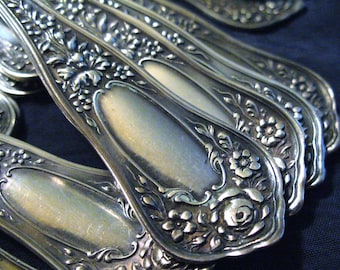 May include: A collection of silver-toned metal spoons featuring an ornate embossed floral pattern along the handles. Each handle displays a central smooth, unadorned oval panel surrounded by detailed relief carvings of roses and small leaves.