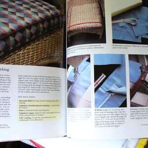 May include: A close-up of a book page with instructions on how to make cushions with welting. The page features a diagram of a sewing machine and a step-by-step guide with illustrations and text.
