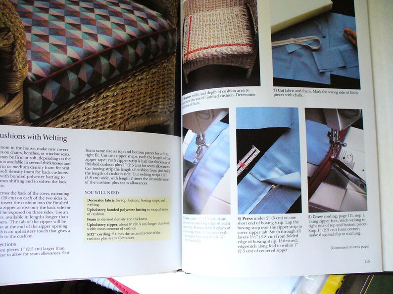 May include: A close-up of a book page with instructions on how to make cushions with welting. The page features a diagram of a sewing machine and a step-by-step guide with illustrations and text.
