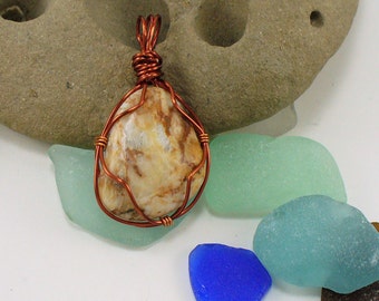 Creamy White Citrus Golden Butter Yellow Caramel Orange Copper Wire-wrapped Agate pendant Beach Jasper Stone Rock Quartz Agate Chalcedony