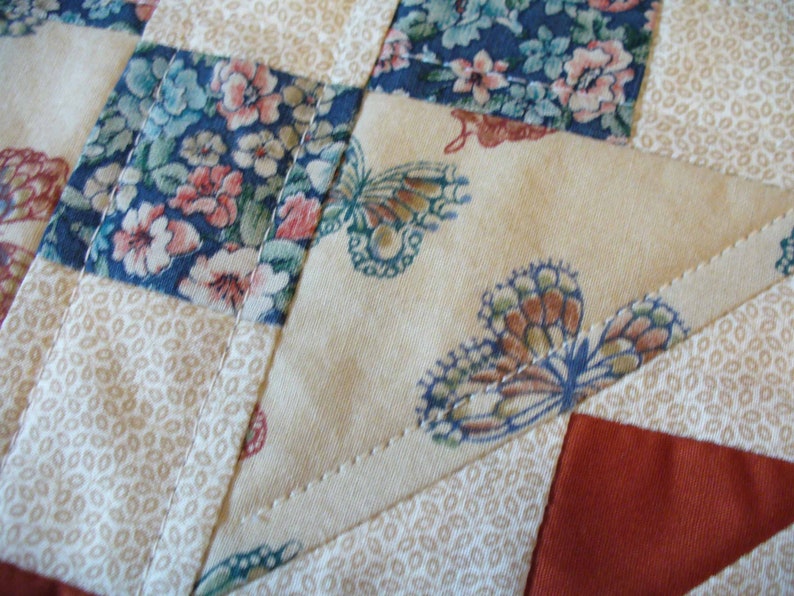 Machine Quilted Wall Hanging Mug Rug Traditional Patchwork Blue Teal Rust Tan Butterflies Floral Mini Quilt Snack Mat OOAK