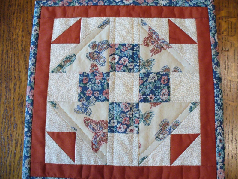 Machine Quilted Wall Hanging Mug Rug Traditional Patchwork Blue Teal Rust Tan Butterflies Floral Mini Quilt Snack Mat OOAK