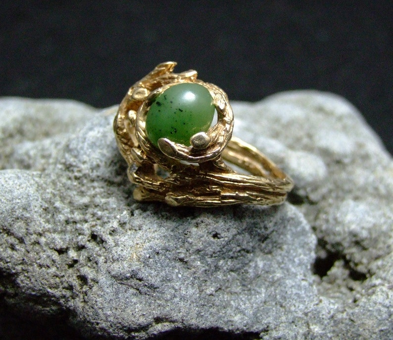 Estate Jewelry Lostwax Cast 14K Gold Freeform Woman's Cocktail Ring Jadeite Diamond OOAK Custom