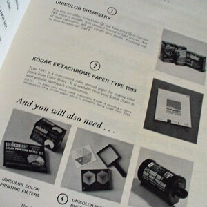 May include: A page from a photography manual titled In addition to your B&W Gear... YOU WILL NEED, featuring sections on Unicolor Chemistry, Kodak Ektachrome Paper Type 1993, Unicolor Color Printing Filters, Unicolor-Mitchell Duocube, and Unicolor Unidrum.