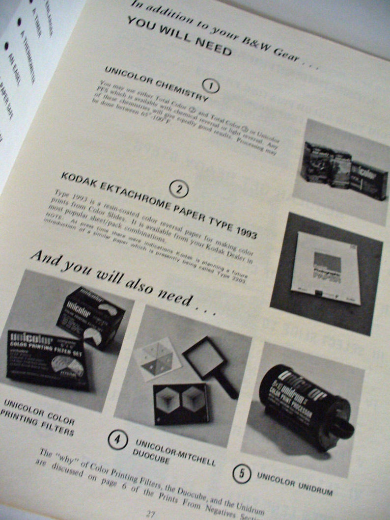 May include: A page from a photography manual titled In addition to your B&W Gear... YOU WILL NEED, featuring sections on Unicolor Chemistry, Kodak Ektachrome Paper Type 1993, Unicolor Color Printing Filters, Unicolor-Mitchell Duocube, and Unicolor Unidrum.
