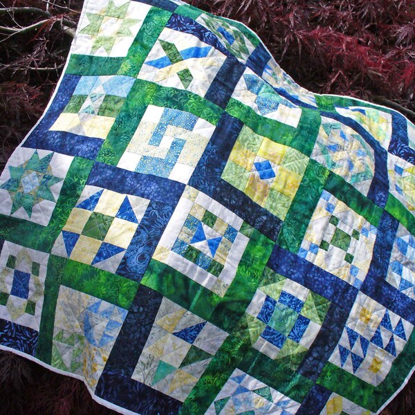 Quilted Wall Hanging, Table Topper, Throw, Small Quilt, Basket Quilt, Blue Green Yellow, Sampler, Batiks Scrappy, Sewcialites Weekly blocks