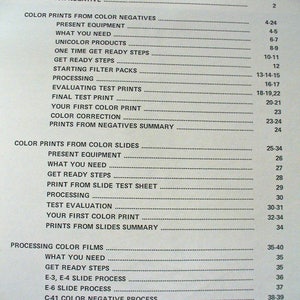 May include: A printed table of contents page from a photography manual. The text lists sections including Test Colour Negative, Colour Prints from Colour Negatives, Colour Prints from Colour Slides, Processing Colour Films, and Data Charts with page numbers.