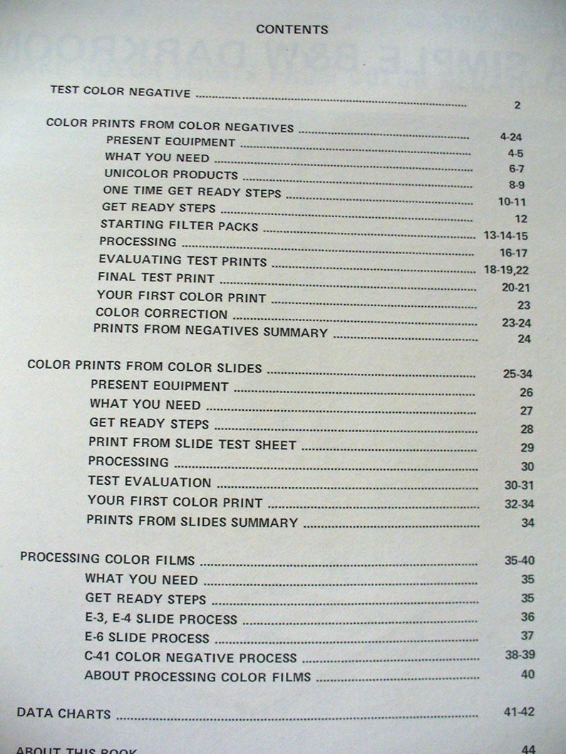 May include: A printed table of contents page from a photography manual. The text lists sections including Test Colour Negative, Colour Prints from Colour Negatives, Colour Prints from Colour Slides, Processing Colour Films, and Data Charts with page numbers.