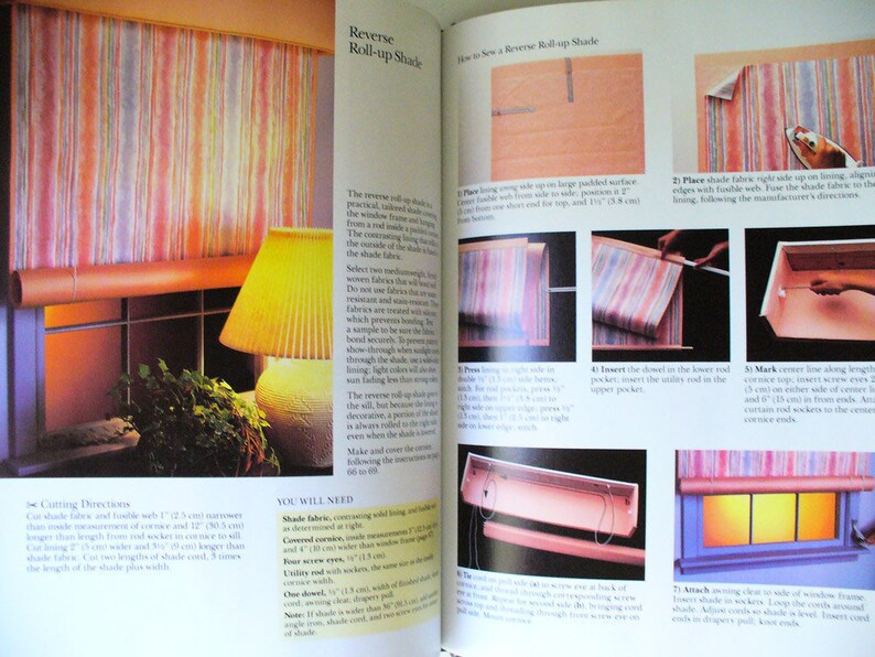 May include: A book with instructions on how to sew a reverse roll-up shade. The book includes diagrams and illustrations of the steps involved. The book also includes a list of materials needed for the project.