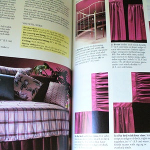 May include: A close-up of a pink and white plaid daybed with a burgundy ruffled skirt. The image shows different ways to attach a skirt to a daybed frame, including with a fabric strip or with a gathered ruffle.