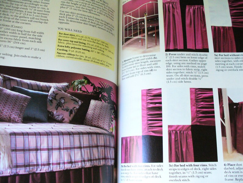 May include: A close-up of a pink and white plaid daybed with a burgundy ruffled skirt. The image shows different ways to attach a skirt to a daybed frame, including with a fabric strip or with a gathered ruffle.
