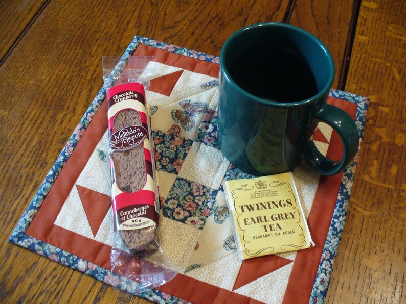 Machine Quilted Wall Hanging Mug Rug Traditional Patchwork Blue Teal Rust Tan Butterflies Floral Mini Quilt Snack Mat OOAK