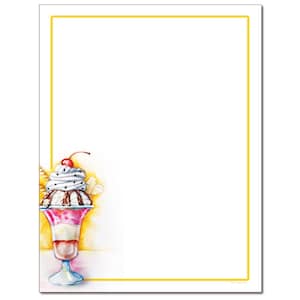 May include: Stationery with a watercolor illustration of a sundae. The sundae has layers of ice cream, chocolate sauce, and whipped cream, topped with a cherry. The stationery has a yellow border.