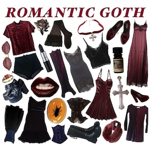 May include: A collection of items labeled ROMANTIC GOTH including a burgundy velvet t-shirt, black high-waisted shorts, a dark lipstick, a velvet choker with a cross, burgundy velvet shoes, a long slip dress, a black lace camisole, and accessories.