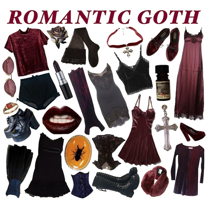 May include: A collection of items labeled ROMANTIC GOTH including a burgundy velvet t-shirt, black high-waisted shorts, a dark lipstick, a velvet choker with a cross, burgundy velvet shoes, a long slip dress, a black lace camisole, and accessories.