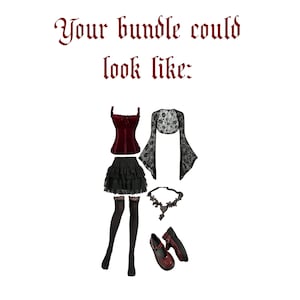 May include: A clothing set featuring a dark red corset top, a black tiered ruffled skirt, black lace long-sleeve bolero, black thigh-high stockings, a black lace choker, and dark red Mary Jane shoes. Text reads: Your bundle could look like: