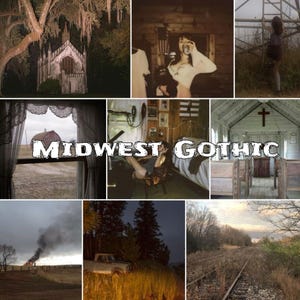Puede incluir: Un collage de imágenes con estética vintage, que presenta una iglesia, una persona, un granero y una camioneta antigua. El texto "MIDWEST GOTHIC" se superpone en el centro, sugiriendo un tema de imágenes góticas rurales.