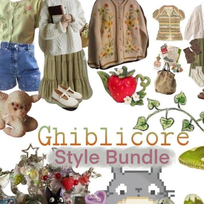 May include: A collection of Ghibli-inspired clothing and accessories. Includes a light green cardigan, denim shorts, a white sweater, a long skirt, white shoes, a strawberry teapot, a plush lamb, and a tote bag. The text "Ghiblicore Style Bundle" is also visible.