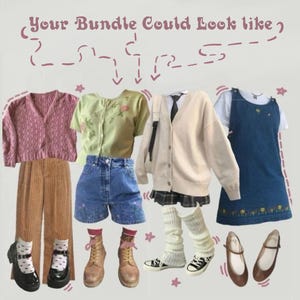 May include: An assortment of clothing items, including a pink knit sweater, corduroy pants, denim shorts, a green cardigan, a cream-colored cardigan, a denim jumper dress, and various shoes and accessories. The image has the text "Your Bundle Could Look Like".