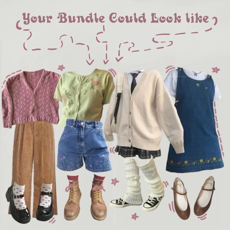 May include: An assortment of clothing items, including a pink knit sweater, corduroy pants, denim shorts, a green cardigan, a cream-colored cardigan, a denim jumper dress, and various shoes and accessories. The image has the text "Your Bundle Could Look Like".