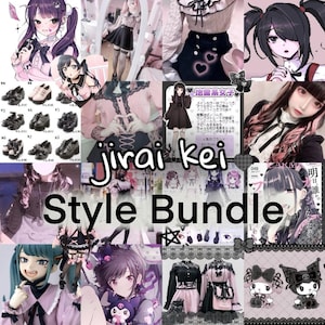 May include: A collage of images featuring the "jirai kei" style, including anime-style illustrations, clothing, and accessories. The images are predominantly pink, black, and white, with text that reads "jirai kei Style Bundle."