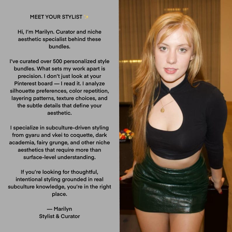 May include: A woman with long blonde hair wearing a black long-sleeve top with a keyhole neckline and a dark green mini skirt. Text on the left reads "MEET YOUR STYLIST" and describes the stylist's services.