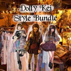 May include: A digital collage featuring three individuals wearing layered clothing styles with the text Dolly Kei Style Bundle overlaid at the top. The outfits include patterned skirts, dark tops, textured tights, and accessories in a shop setting.