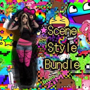 Könnte beinhalten: Eine Person trägt ein schwarzes Langarmshirt mit Netzstoff-Details, einen pink-schwarz karierten Taillenbund, Jeansshorts, pink gemusterte Strumpfhosen und schwarze Stulpen. Das Bild enthält den Text Scene Style Bundle und Invader Zim.
