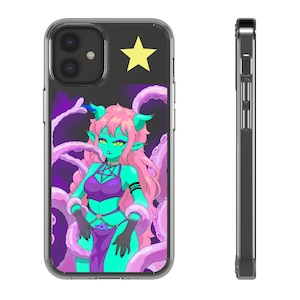 May include: Clear phone case featuring a colorful anime-style illustration. The artwork depicts a green-skinned character with pink hair, horns, and tentacles, wearing a purple outfit. A yellow star is at the top of the case.