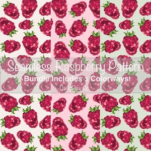 May include: Seamless raspberry pattern bundle with three colorways. The design features detailed illustrations of ripe, red raspberries with green leaves, arranged on light pink, white, and light green backgrounds. The text reads "Seamless Raspberry Pattern" and "Bundle Includes 3 Colorways!"