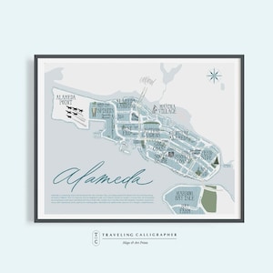 Alameda, CA Neighborhood Map Print - Handlettered-Map of Alameda- Alameda Map- Typographic Map - Bay Area - Oakland