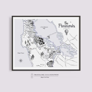 The Peninsula Map- San Mateo County - Bay Area -  Neighborhood Map Print - Handlettered-Map of San Mateo County- Typographic Map