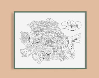 London Neighborhood Map Print - Handlettered - Map of London - London Poster - London Word Map - Typographic Map - London Home Decor
