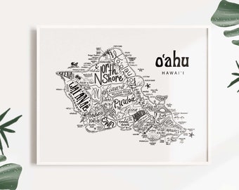 O&#39;ahu, HI Illustrated Font Map Print - Oahu- Map of Oahu - Oahu Map-Typographic Map - Cartography - Font Map - Hawaii gift