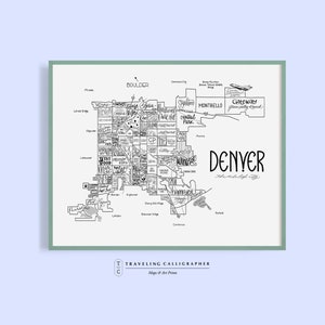 Denver, CO Neighborhood Map Print - Handlettered - Map of Denver -Denver Poster - Denver Word Map - Typographic Map - Denver Home Decor