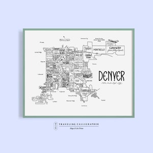 Denver, CO Neighborhood Map Print - Handlettered - Map of Denver -Denver Poster - Denver Word Map - Typographic Map - Denver Home Decor