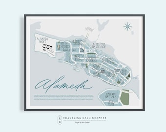 Alameda, CA Neighborhood Map Print - Handlettered-Map of Alameda- Alameda Map- Typographic Map - Bay Area - Oakland